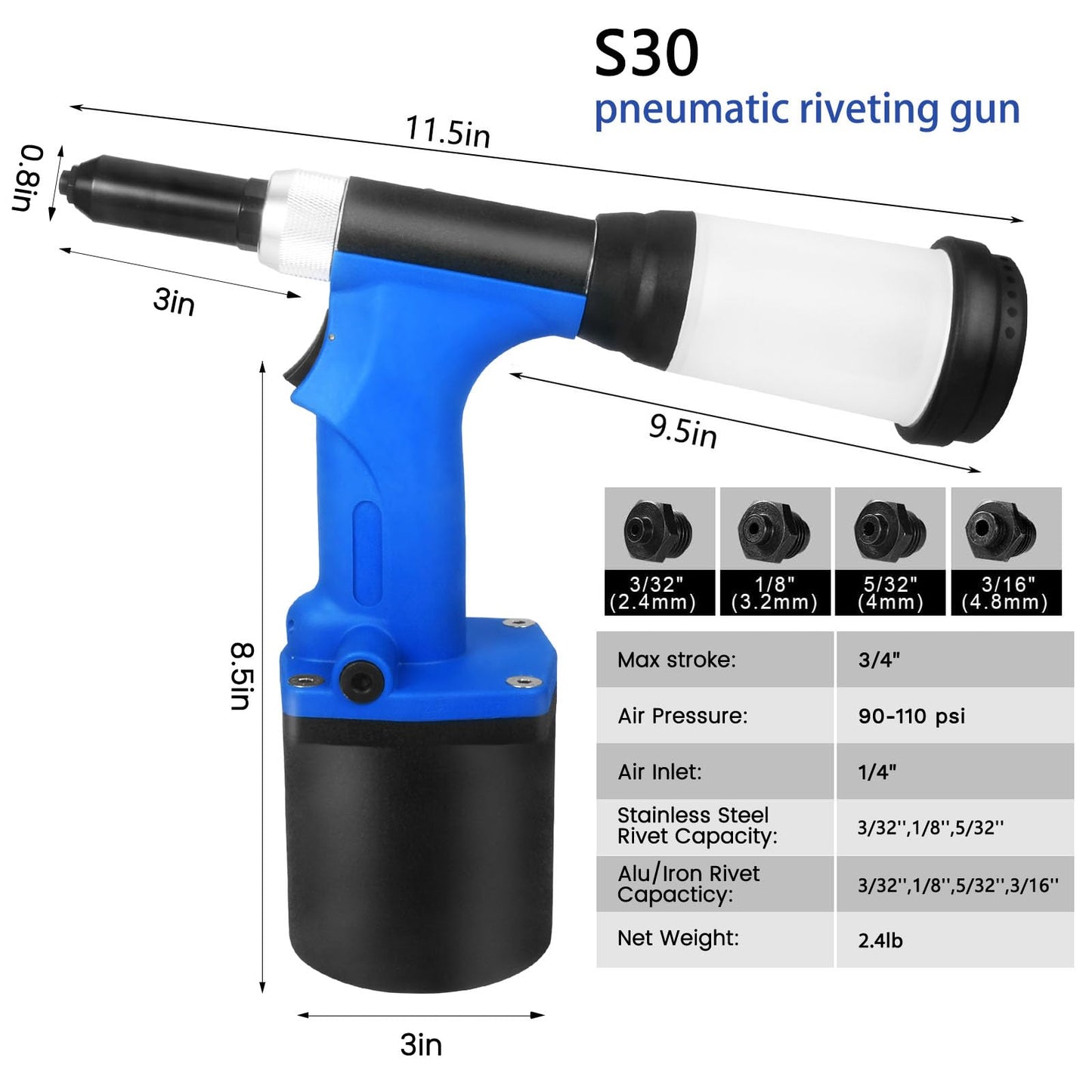 QIUMIN Pneumatic Rivet Gun, S30 Air Pop Riveting Gun Set with Nose Pieces, Hydraulic Air Riveter Tool, Self Suction - WoodArtSupply