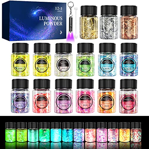 OSBANG Glow in The Dark Glitter 15 Jar - 12 Colors Glow Glitter and 3 Colors Gold Foil Flakes, High Luminous Glitter for Resin Crafts, Cosmetic, OSBANG