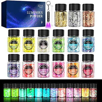 OSBANG Glow in The Dark Glitter 15 Jar - 12 Colors Glow Glitter and 3 Colors Gold Foil Flakes, High Luminous Glitter for Resin Crafts, Cosmetic, - WoodArtSupply