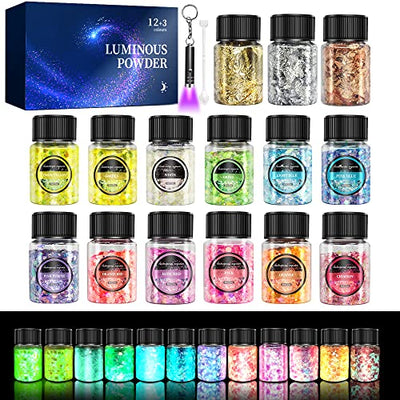 OSBANG Glow in The Dark Glitter 15 Jar - 12 Colors Glow Glitter and 3 Colors Gold Foil Flakes, High Luminous Glitter for Resin Crafts, Cosmetic,