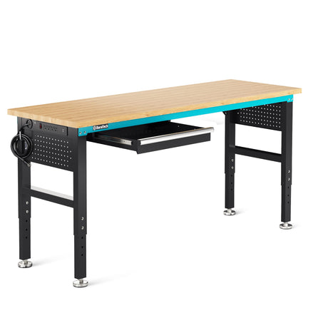 DURATECH 72” Adjustable Workbench, Heavy-Duty Rubber Wooden Top Worktable with a Drawer, 6ft Workstation with Power Strip, Peg Board, 2000 LBS Load DURATECH