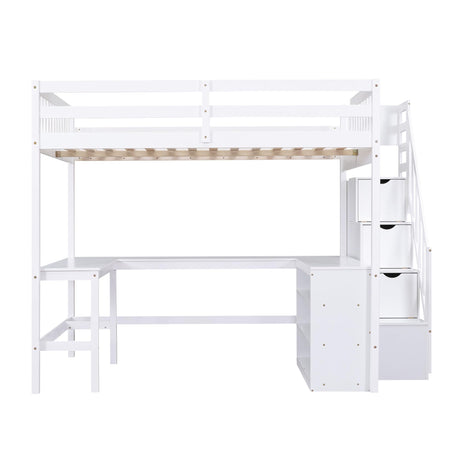 Full-Size White Loft Bed with Desk, Stairs, and Storage for Kids, Teens, and Adults Bellemave