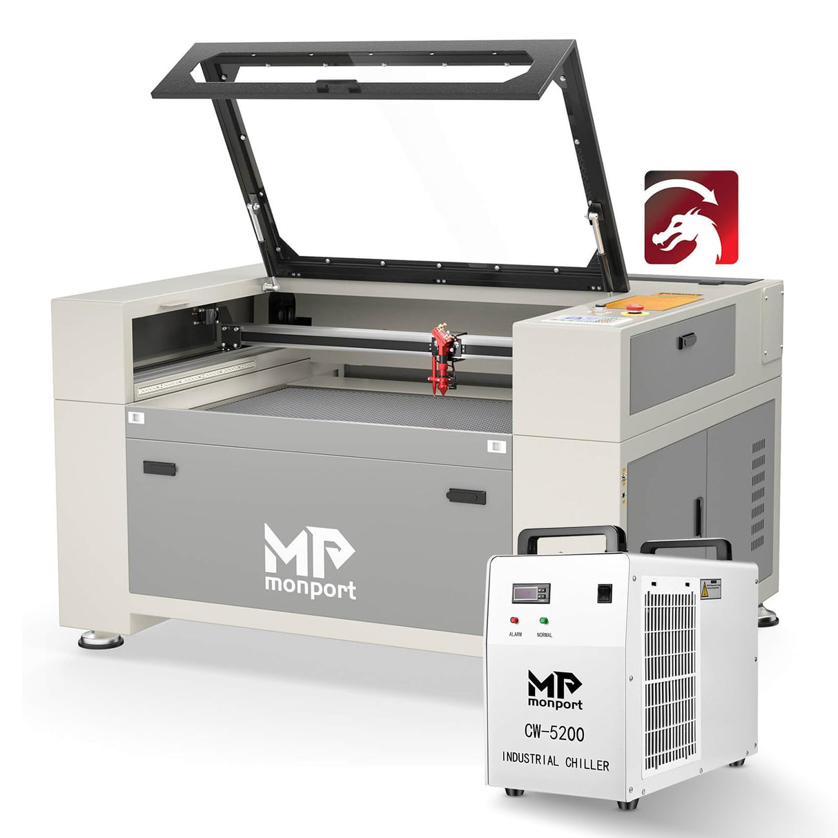 Monport Upgraded Fireproof Auto Focus 100W CO2 Laser Engraver & Cutter with Large Working Area (24" x 40"),with 6L CW-5200 Industrial Water Chiller Monport