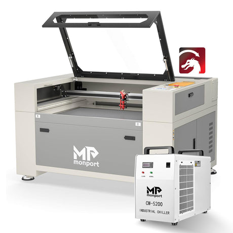 Monport Upgraded Fireproof Auto Focus 100W CO2 Laser Engraver & Cutter with Large Working Area (24" x 40"),with 6L CW-5200 Industrial Water Chiller Monport
