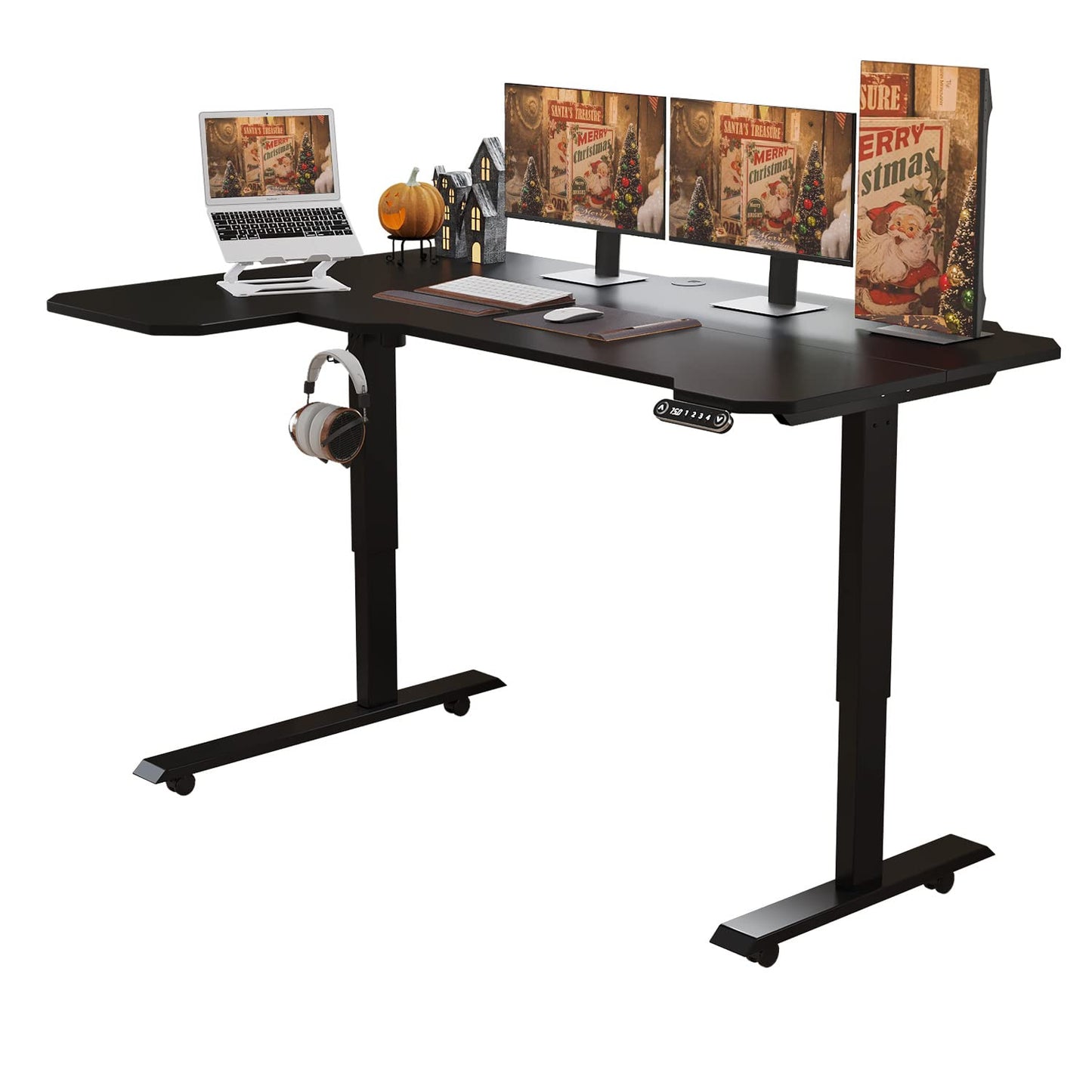 BUNOEM L-Shaped 59" Height Adjustable Electric Standing Desk, Sit and Stand Up Computer Desk For Home Office with Splice Board (Black Top, Black - WoodArtSupply