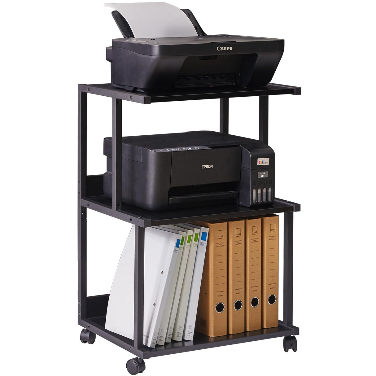 IBUYKE Black Printer Stand with Storage Shelf,3 Tier Printer Table with Wheels,Printer Cart for Home Office Organization, Rolling Cart Stand for Heat IBUYKE