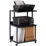 IBUYKE Black Printer Stand with Storage Shelf,3 Tier Printer Table with Wheels,Printer Cart for Home Office Organization, Rolling Cart Stand for Heat IBUYKE