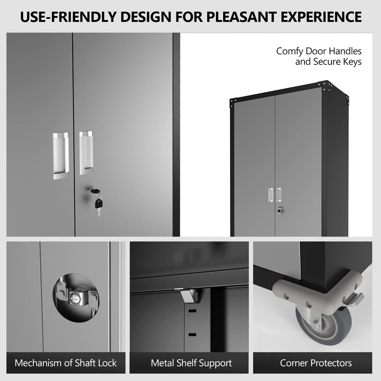 VINGLI 72'' Tall Garage Storage Cabinet, Metal Storage Cabinet with Wheels, Locking Doors and Adjustable Shelves (Black & Silver, 32''W x 16''D x VINGLI