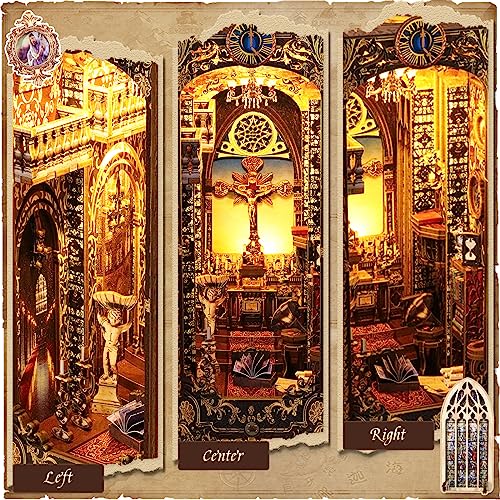 DIY Book Nook Kit with Sensor Light Music Box, 3D Wooden Puzzle for Adults, Covenant Church Bookshelf Insert, Self-Assembly Bookend Building Set