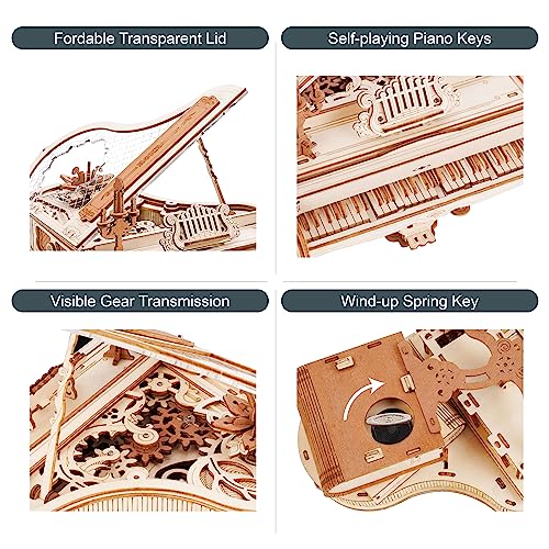 RoWood Mechanical Magic Piano 3D Wooden Puzzle Kit – Unique Gift for Music and Craft Lovers - WoodArtSupply