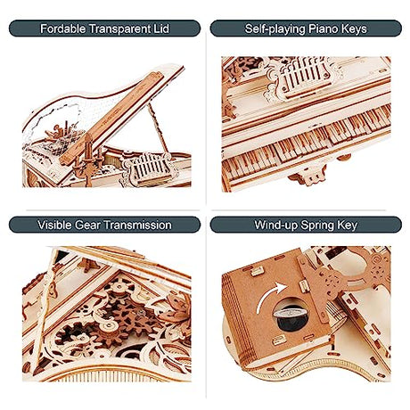 RoWood Mechanical Magic Piano 3D Wooden Puzzle Kit – Unique Gift for Music and Craft Lovers RoWood