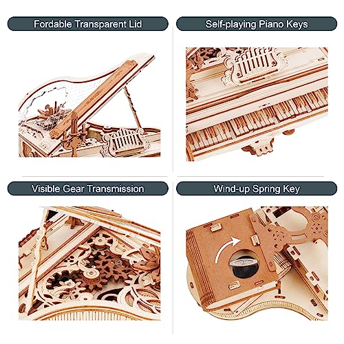 ROBOTIME AMK81 Magic Piano 3D Puzzles for Adults-Mechanical 3D Puzzles Musical Instrument-Wooden Music Box Puzzle Kit to Build-Aesthetic Desk Decor