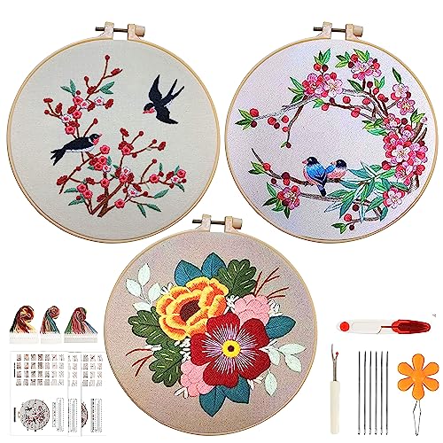 ZENSTORE 3 Sets Embroidery Kit For Beginners Adults - 3 Plastic Hoops And 3 Flowers Hand Embroidery Patterns - Needlepoint Kits For Adults - Easy The ZenStore
