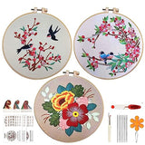ZENSTORE 3 Sets Embroidery Kit For Beginners Adults - 3 Plastic Hoops And 3 Flowers Hand Embroidery Patterns - Needlepoint Kits For Adults - Easy The ZenStore
