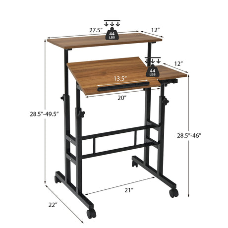 Tangkula Mobile Standing Desk Stand Up Desk, Height Adjustable Home Office Desk with Standing & Seating 2 Modes, Tilting Tabletop & Flexible Wheels, Tangkula
