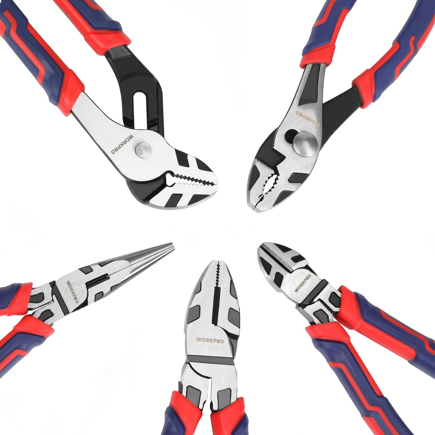 WORKPRO Pliers Set, Premium Cr-V Construction, Includes 6 Inch Slip Joint Pliers, 6 Inch Long Nose, 6 Inch Diagonal Cutting, 8 Inch Groove Joint, 7 WORKPRO