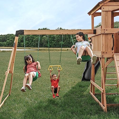 Backyard Discovery Sterling Point All Cedar Wooden Swing Set, Raised Clubhouse, Grey Wave Slide, Web Swing, Climbing Wall, 10ft Wave Slide, 2 Belt - WoodArtSupply