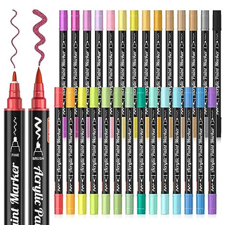 28 Metallic Colors Dual Tip Acrylic Paint Markers, Brush Tip and Fine Tip Acrylic Paint Pens for Rock Painting, Ceramic, Wood, Canvas, Plastic, Shuttle Art