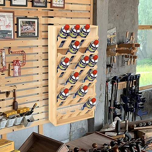 jxgzyy 6 Tier 24 Can Spray Paint or Lube Can Wall Mount Storage Holder Rack Lube Holder Organization Storage Rack Wood Shelf Case Organizer, 14.2" L jxgzyy