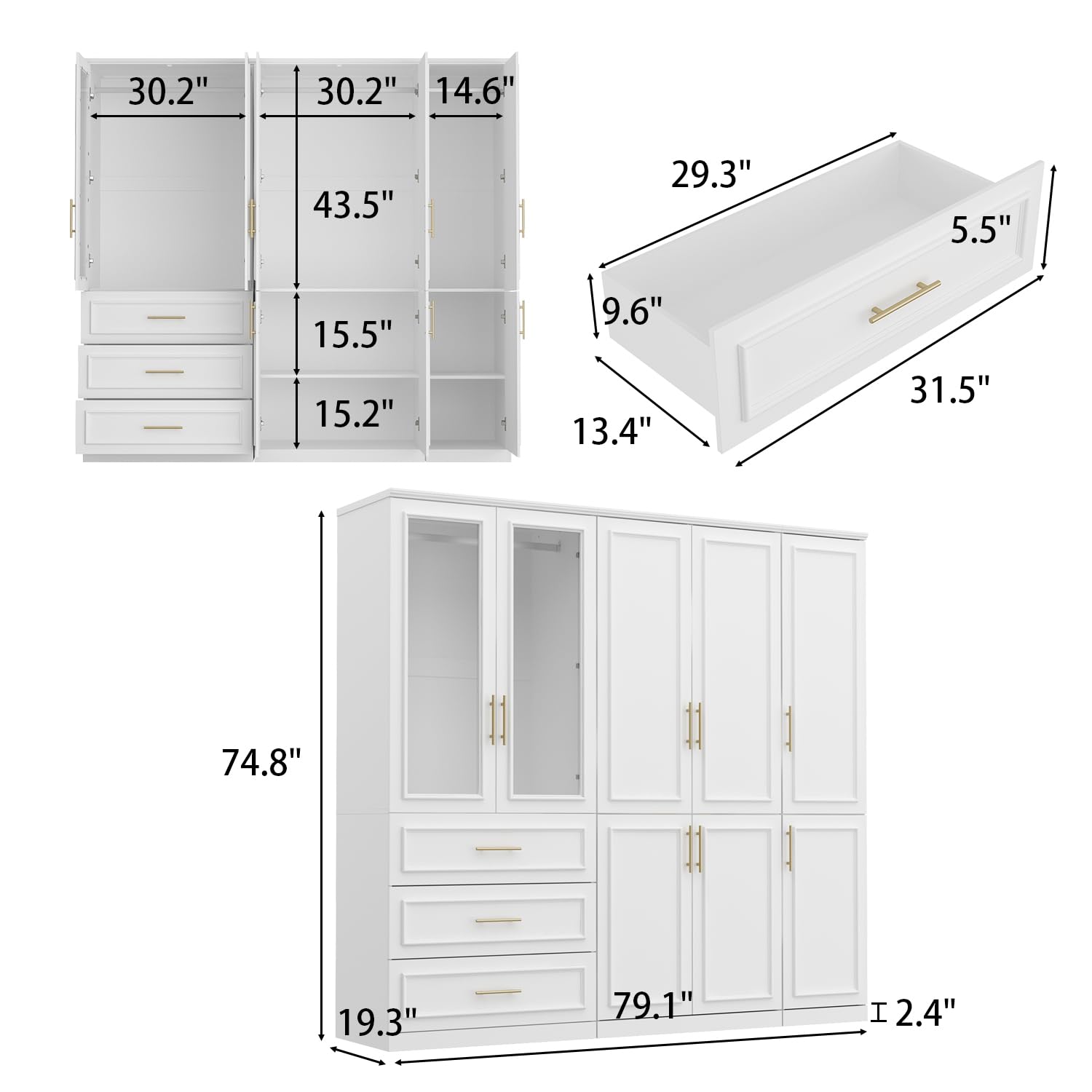 ECACAD White Extra Wide Wardrobe Armoire with 8 Doors, Drawers, Storage Shelves & Hanging Rods, Wooden Closet Storage Cabinet for Bedroom (79.1”W x ECACAD