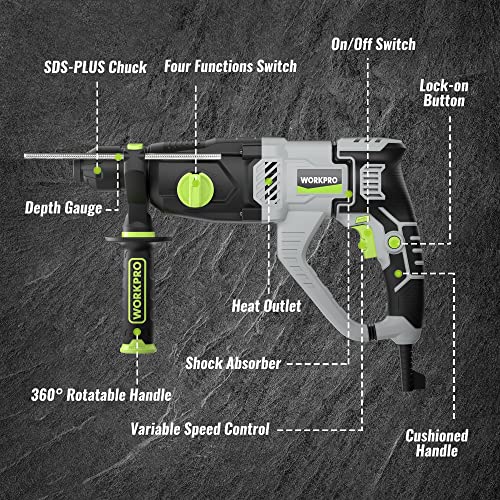 WORKPRO Premium 1-1/4 Inch SDS-Plus Rotary Hammer Drill, 7.5AMP, Lightweight Corded Version for Concrete Demolition Chipping Rotomartillo, 5 SDS-Plus - WoodArtSupply