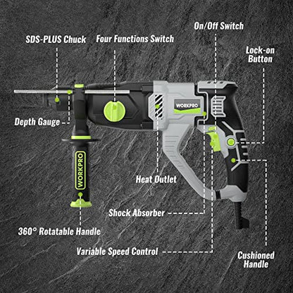 WORKPRO Premium 1-1/4 Inch SDS-Plus Rotary Hammer Drill, 7.5AMP, Lightweight Corded Version for Concrete Demolition Chipping Rotomartillo, 5 SDS-Plus - WoodArtSupply