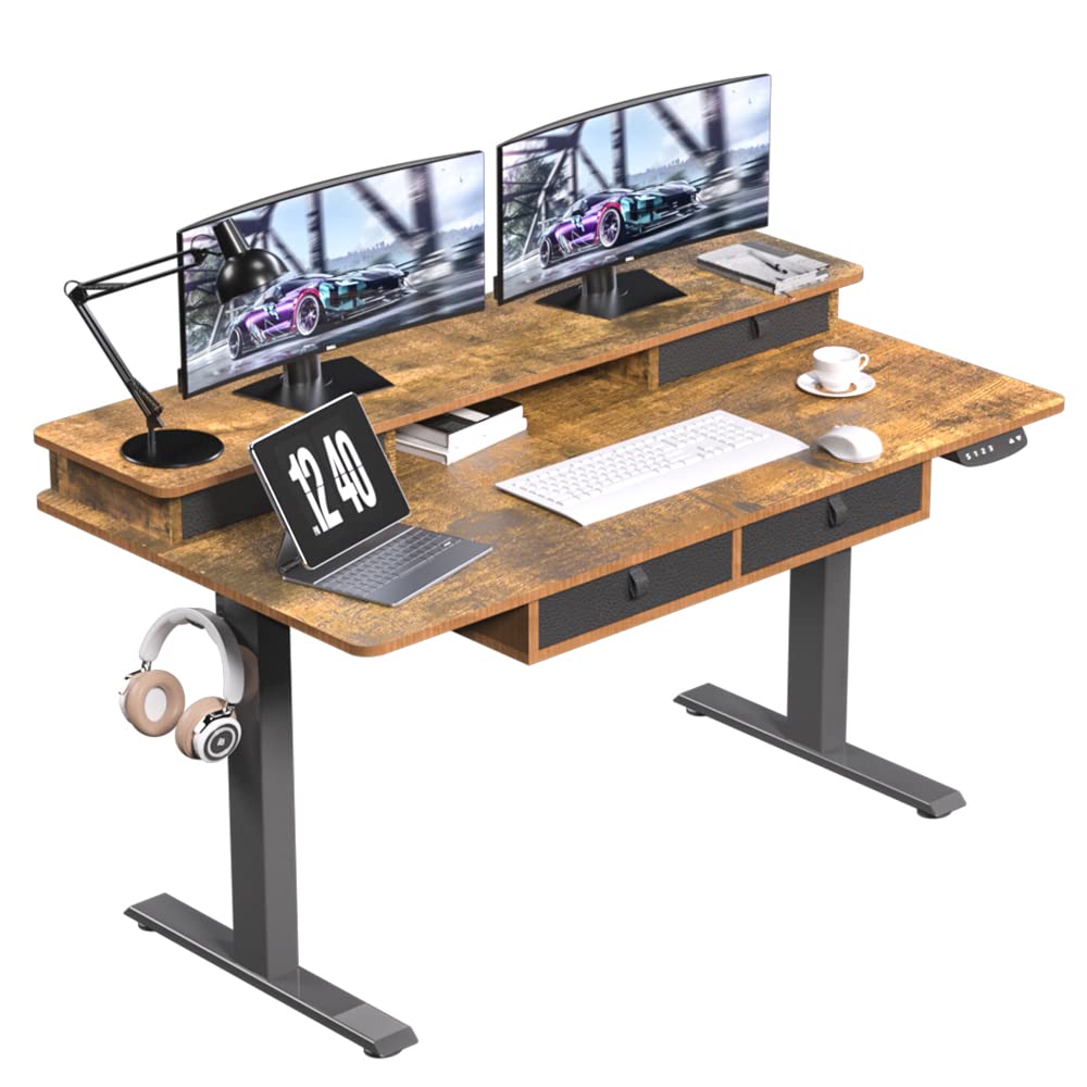 ExaDesk Electric Standing Desk, 63 * 30 Inches Adjustable Height with 4 Drawers, Double Storage Shelves Stand Up Desk, Home Office Workstation Sit ExaDesk