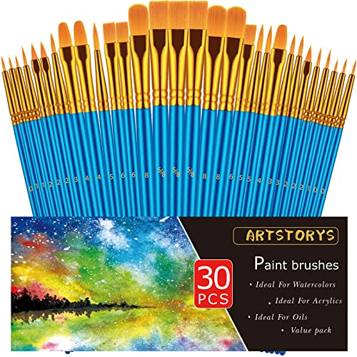 Paint Brushes Set, 30 Pcs Paint Brushes for Acrylic Painting, Oil Watercolor Acrylic Paint Brush, Artist Paintbrushes for Body Face Rock Canvas, Kids Artstorys