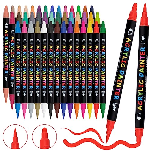 Tesquio Paint Pens, 42 Colors Acrylic Paint Pens Paint Markers, Dual Tip Pens With Medium Tip and Brush Tip for Rock Painting, Wood, Ceramic, Fabric, - WoodArtSupply