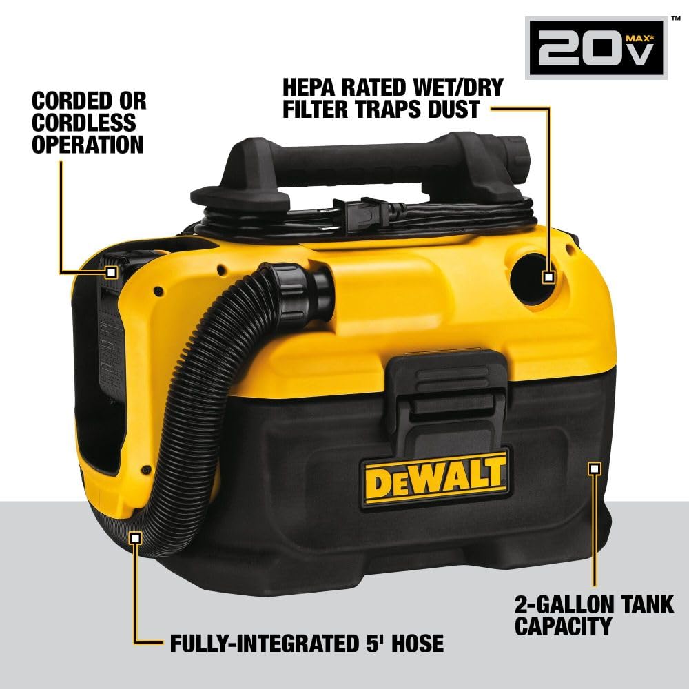 DEWALT 20V MAX Cordless Wet/Dry Vacuum, Compact Shop Vacuum, Tool Only (DCV581H),Black/ Yellow