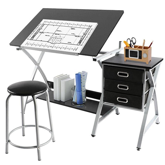 Yaheetech Drafting Desk, Drawing Table for Artists/Adults, Art Desk w/Stool and 3 Slide Drawers, Painting Studio Design Work Station, Adjustable