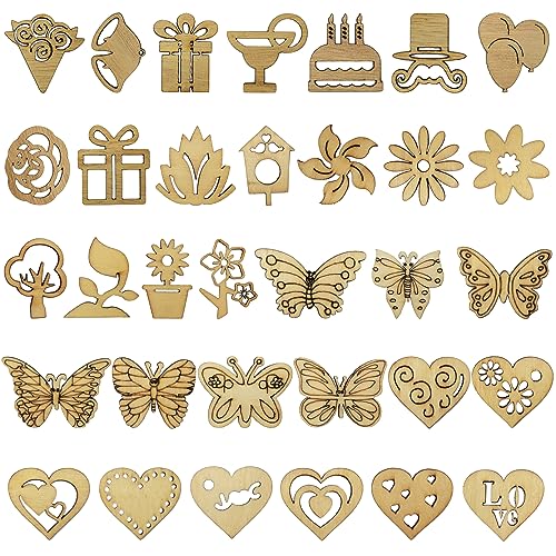 DIYOMR 200Pcs Hollow Wood Pieces Unfinished Wooden Vintage Embellishments Decorative Accessories for Graffiti Home Decor DIY Scrapbooking Handmade