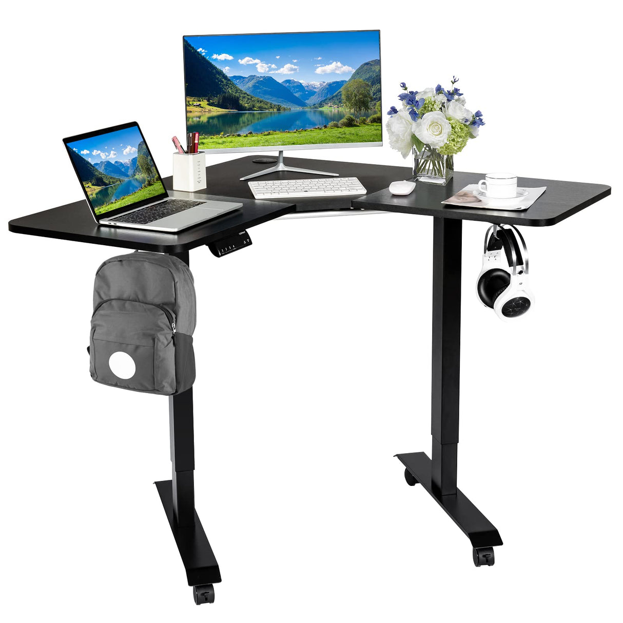 COSTWAY L Shaped Electric Adjustable Desk, L-Shaped Standing Computer Desk w/Splice Tabletop, 2 Hooks & Rolling Casters, Sit-Stand Corner Desk w/ 4 COSTWAY