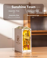 Rowood Book Nook Kits for Adults Bookshelf Insert Decor Alley 3D Wooden Puzzle Bookend DIY Craft Kits for Adults with LED Light - Sunshine Town RoWood