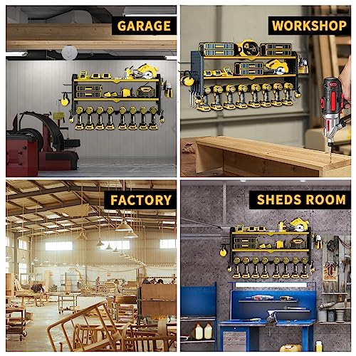 KAFAHOM Power Tool Organizer,Large 8 Drill Holder Wall Mount with 2 Side Pegboards,Metal Tool Shelf with 12 Hooks,Storage Rack for Garage KAFAHOM