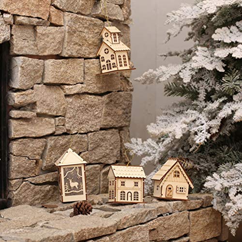 Amosfun Winter Suit LED Light Up Wooden House Decoration Unfinished Wood Christmas Ornaments Hanging Christmas Tree Decoration for Xmas New Year Amosfun
