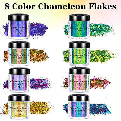 Chameleon Flakes Color Shifting, 8 Color Changing Pigment Powder Flakes for Nails Art Epoxy Resin Supplies, Holographic Chrome Chameleon Flakes - WoodArtSupply