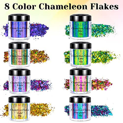 Chameleon Flakes Color Shifting, 8 Color Changing Pigment Powder Flakes for Nails Art Epoxy Resin Supplies, Holographic Chrome Chameleon Flakes - WoodArtSupply