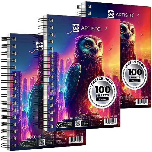 ARTISTO 5.5X8.5” Premium Sketch Book Set, Pack of 3 (300 Sheets), 68lb (100g/m2), Spiral Bound, Acid-Free Drawing Paper, Perfect for Most Dry Media - WoodArtSupply