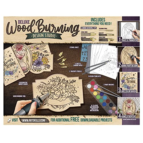 ArtSkills Wood Burning Kit for Beginners - Deluxe Pyrography Wood Engraving Art Kit with Burner Pen, Stencils, Watercolor Paints - 48 Piece DIY - WoodArtSupply