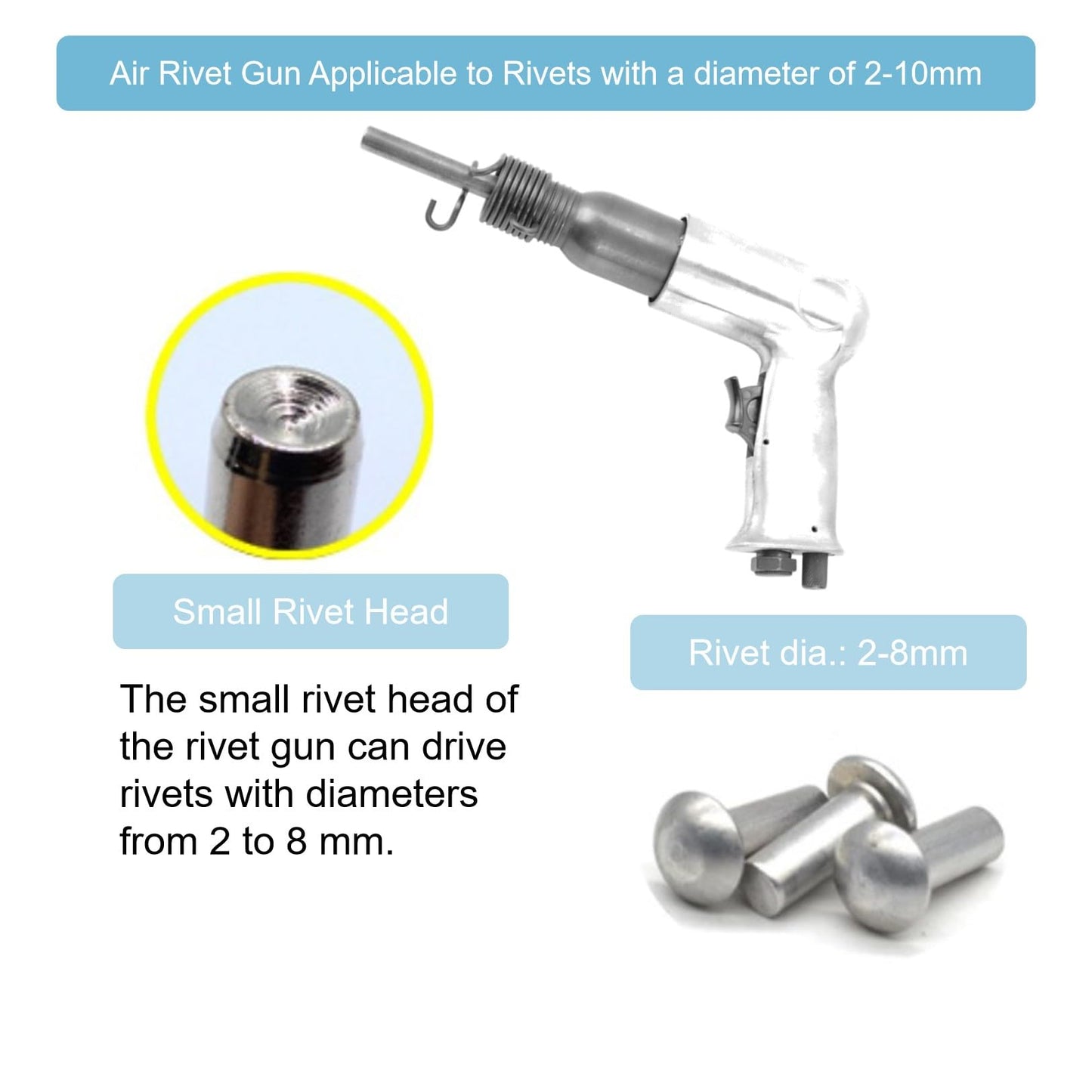 Solid Rivet Tool, Rivets Nut Gun Tool 1/4 Inch Inlet Port Handheld Air Rivet Gun Applicable to Rivet with a Diameter of 2-10mm(0.08-0.4inch) Suitable - WoodArtSupply