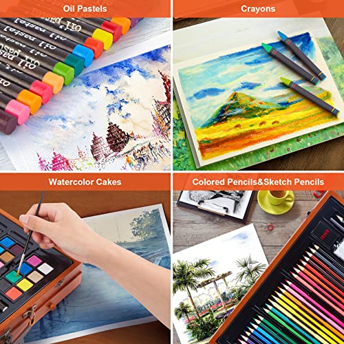 AGPTEK Art Set, 141 Pieces Deluxe Art Set, Wooden Painting Case & Art Supplies Kit with Crayons, Colored Pencils, Sketch Pencils, Paint Brushes, - WoodArtSupply