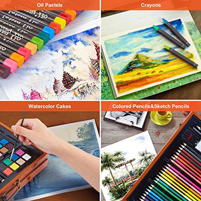 AGPTEK Art Set, 141 Pieces Deluxe Art Set, Wooden Painting Case & Art Supplies Kit with Crayons, Colored Pencils, Sketch Pencils, Paint Brushes, - WoodArtSupply