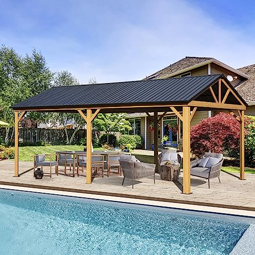 Domi 12x20FT Hardtop Gazebo, Galvanized Steel Gable Roof Gazebo Pergola with Wood Grain Aluminum Frame, Outdoor Permanent Gazebo Pavilion for Patio,