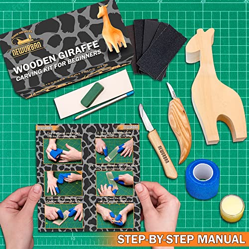 Wood Carving Kit for Beginners - Whittling kit with Giraffe - Linden Woodworking Kit for Kids, Adults - Wood Carving Stainless Steel Knife with NEWURBAN