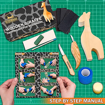 Wood Carving Kit for Beginners - Whittling kit with Giraffe - Linden Woodworking Kit for Kids, Adults - Wood Carving Stainless Steel Knife with
