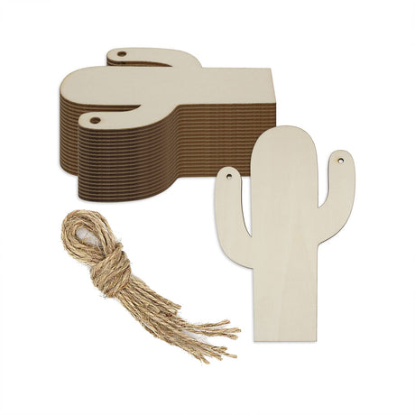 JANOU 20pcs Cactus Shape Unfinished Wood Cutouts DIY Crafts Blank Hanging Gift Tags Ornaments with Ropes for Wedding Birthday Summer Hawaii Luau JANOU