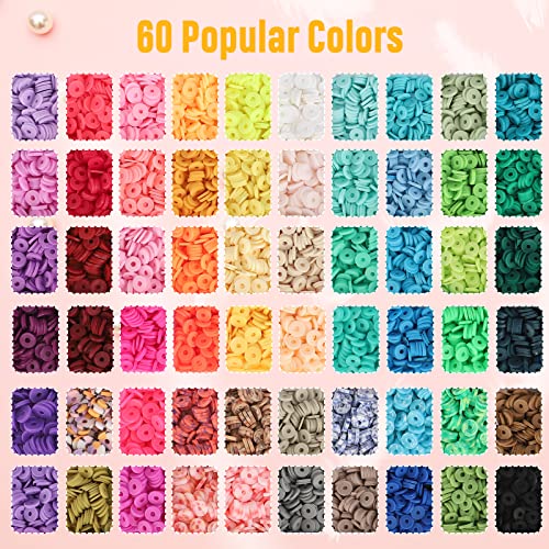 QUEFE 13000pcs, 60 Colors, Clay Beads for Bracelet Making Kit, Flat Round Polymer Heishi Beads with Letter Beads for DIY Craft Gifts, Necklace QUEFE