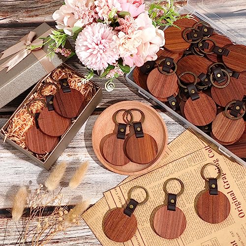 Ecally 48 Pcs Wooden Keychain Blanks Leather Strap Wood Keychain Blanks Round Wood Keyring with for DIY Employee Coworker Gift Craft Ecally