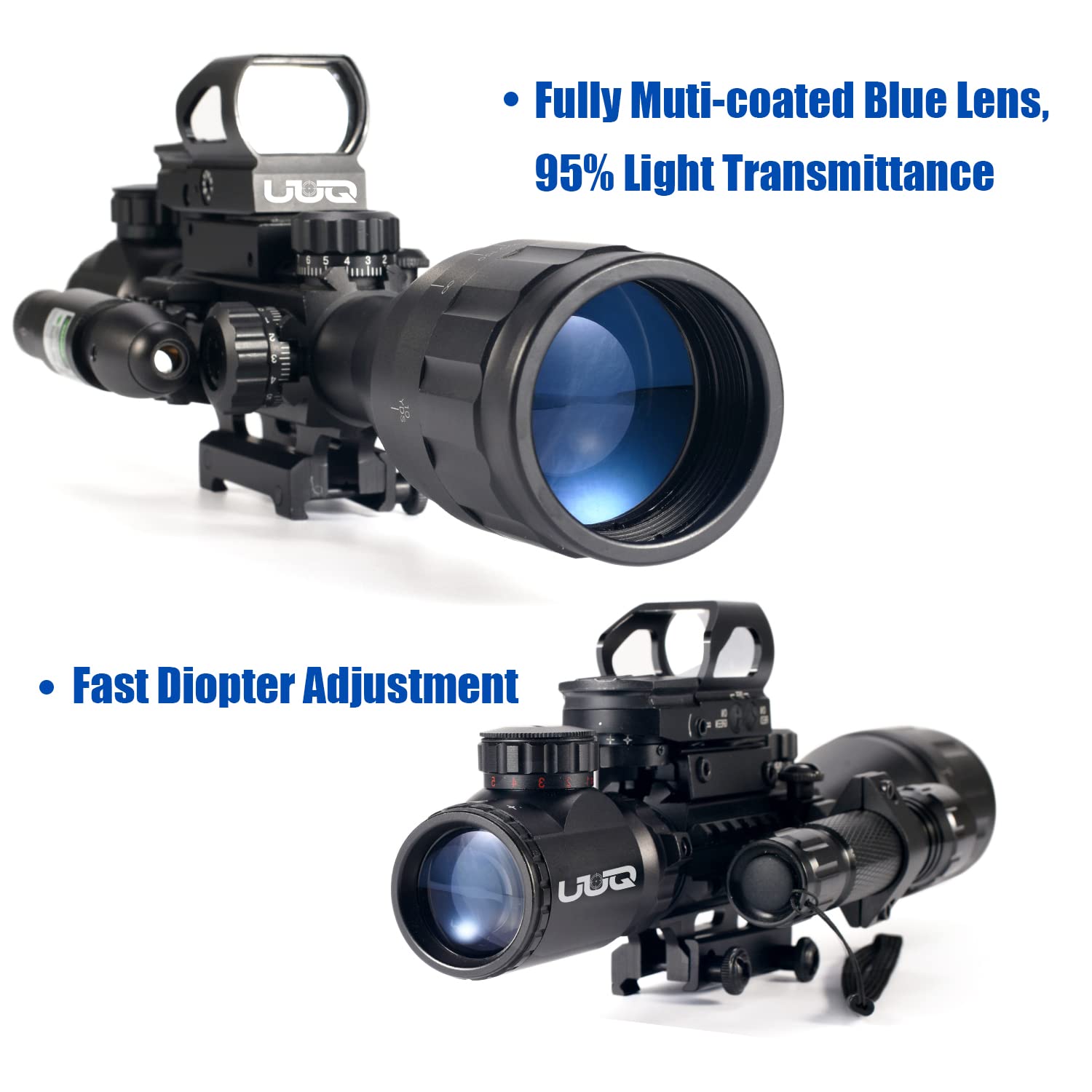 UUQ 4-16X50 AO Rifle Scope Red/Green Illuminated Range Finder Reticle W/Green Laser - Holographic Reflex Red Dot Sight - 5 Brightness Modes UUQ